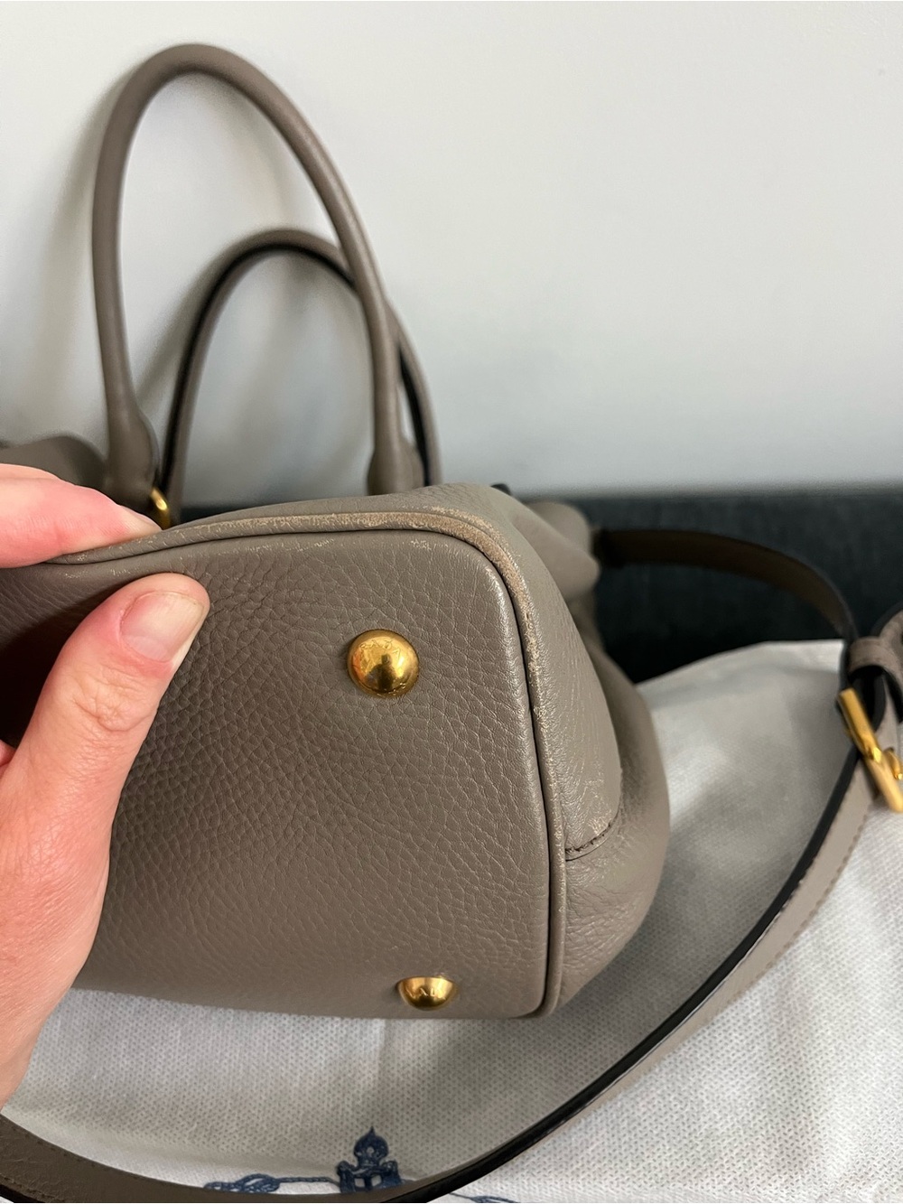 100% AUTH Prada Taupe Pebbled Leather Satchel with Gold Hardware - Picture 7 of 14